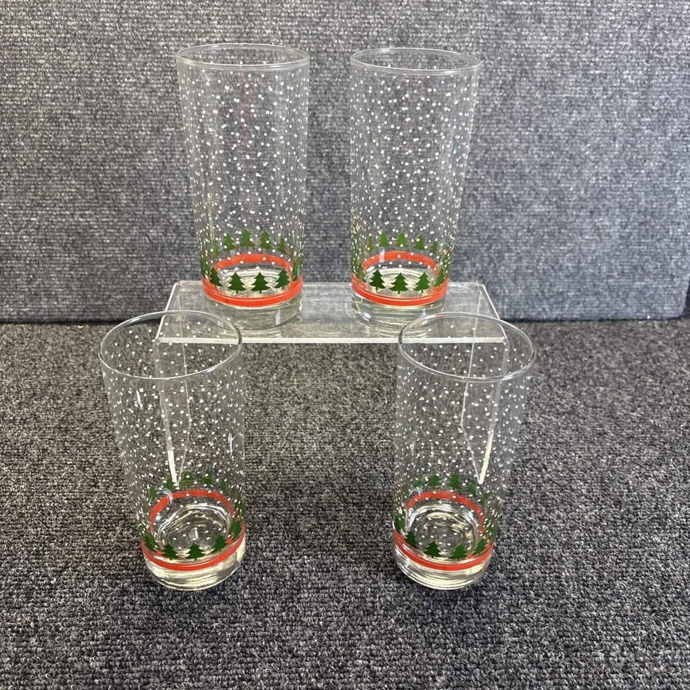 Vtg~Libbey Christmas Tree & Snow Tumblers~Set of 4~Holiday Glasses~16 oz